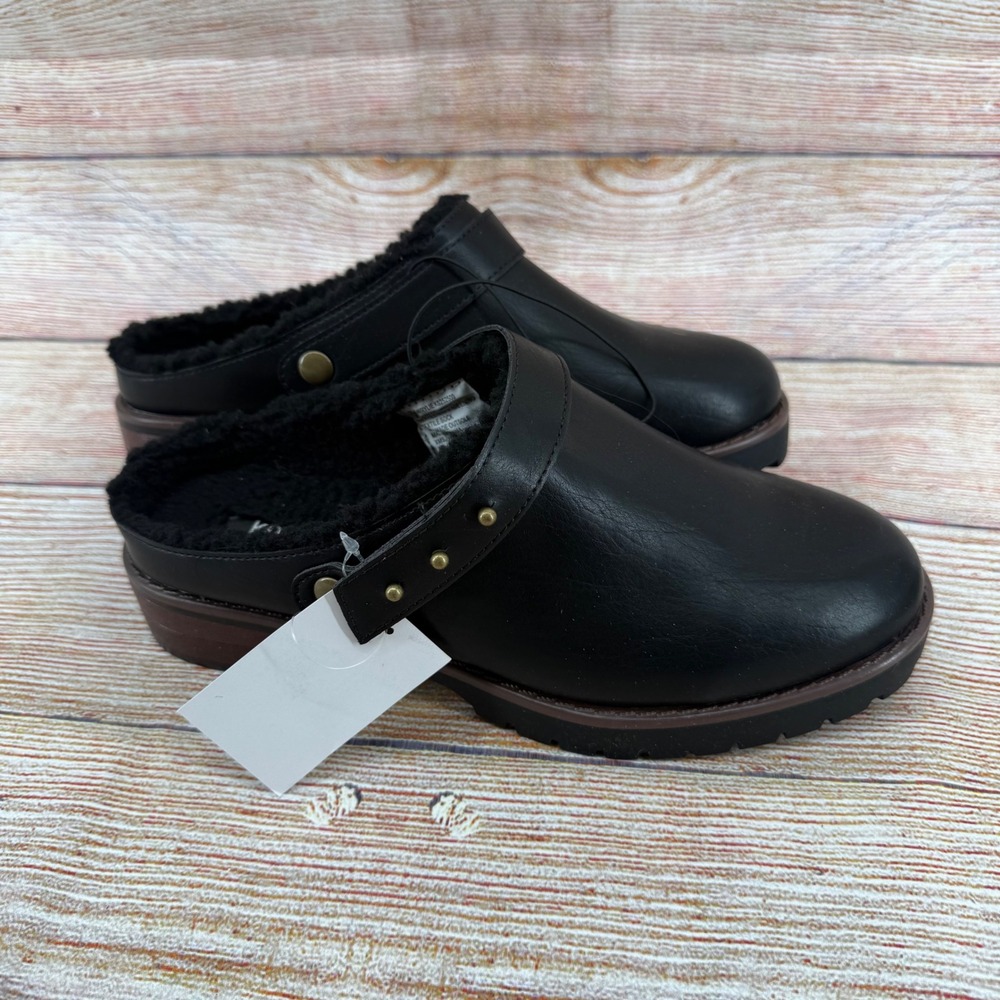 Kensie Wrylie Black Faux Leather Faux Fur Lined Lug Sole Clogs Womens 9 KS252500